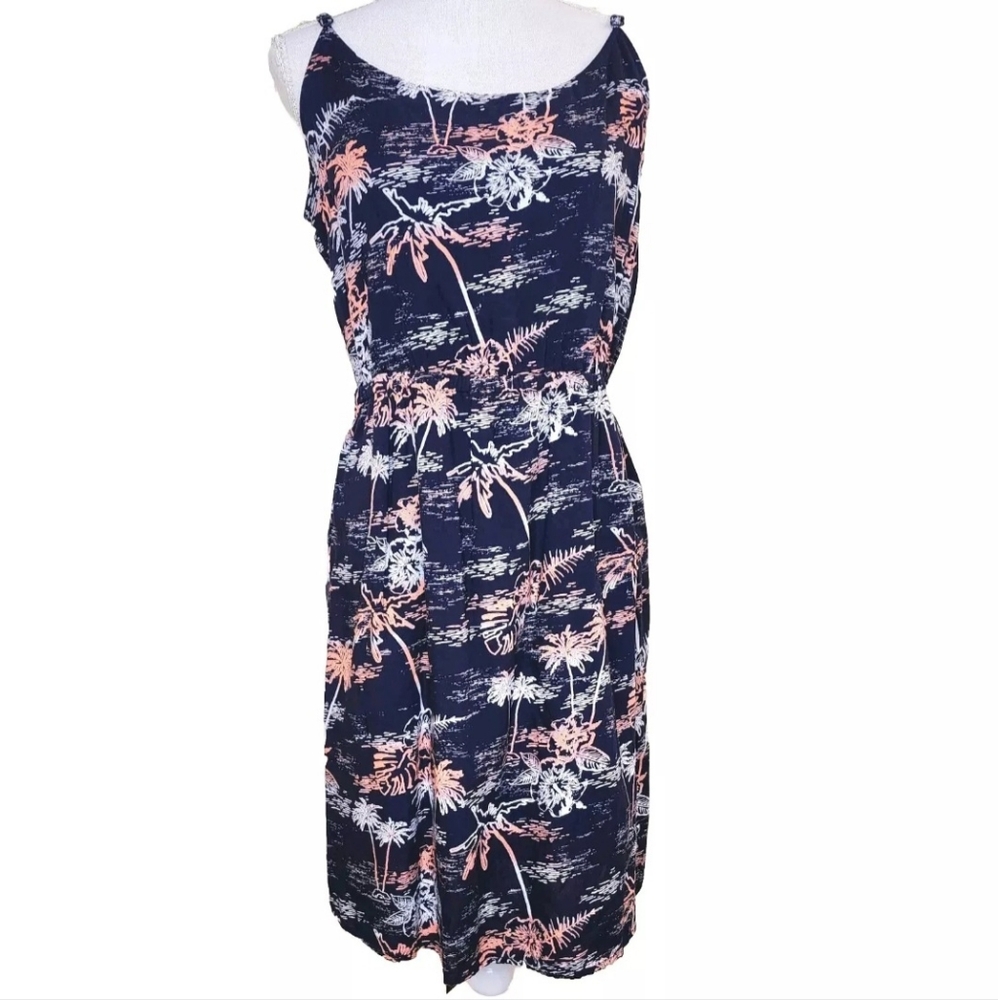 Tropical Print Dress By Natural Reflections in Navy & Melon Fully Lined Size Lar